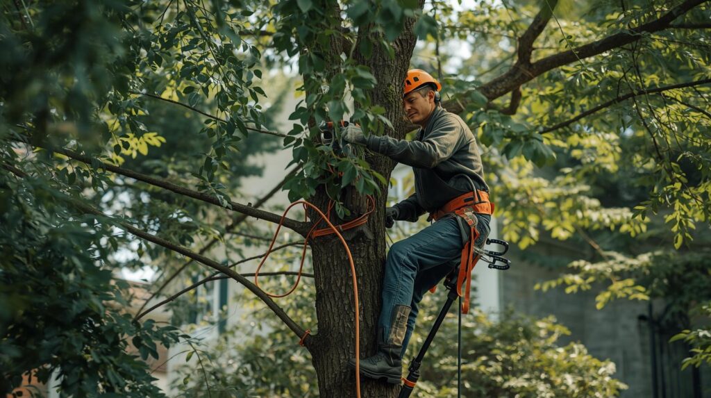 An arborist working on a family yard trees